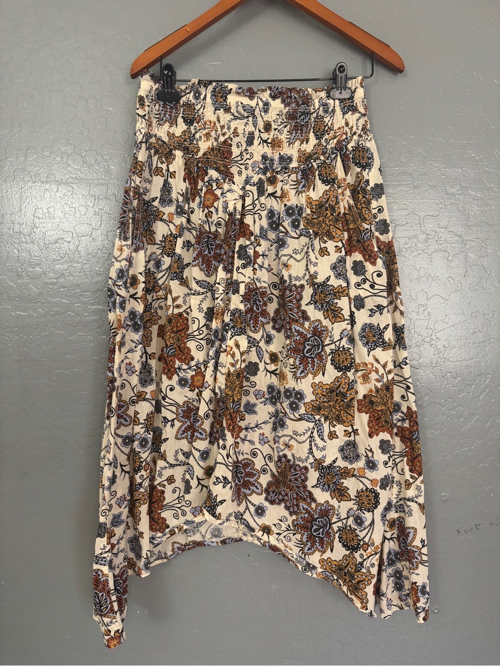 Elan Cream Floral Asymmetrical Skirt with Rust and Navy Accents